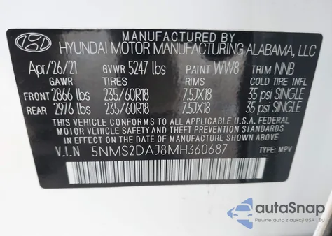 2021 Hyundai Santa Fe Sel from USA, damaged, VIN 5NMS2DAJ8MH360687